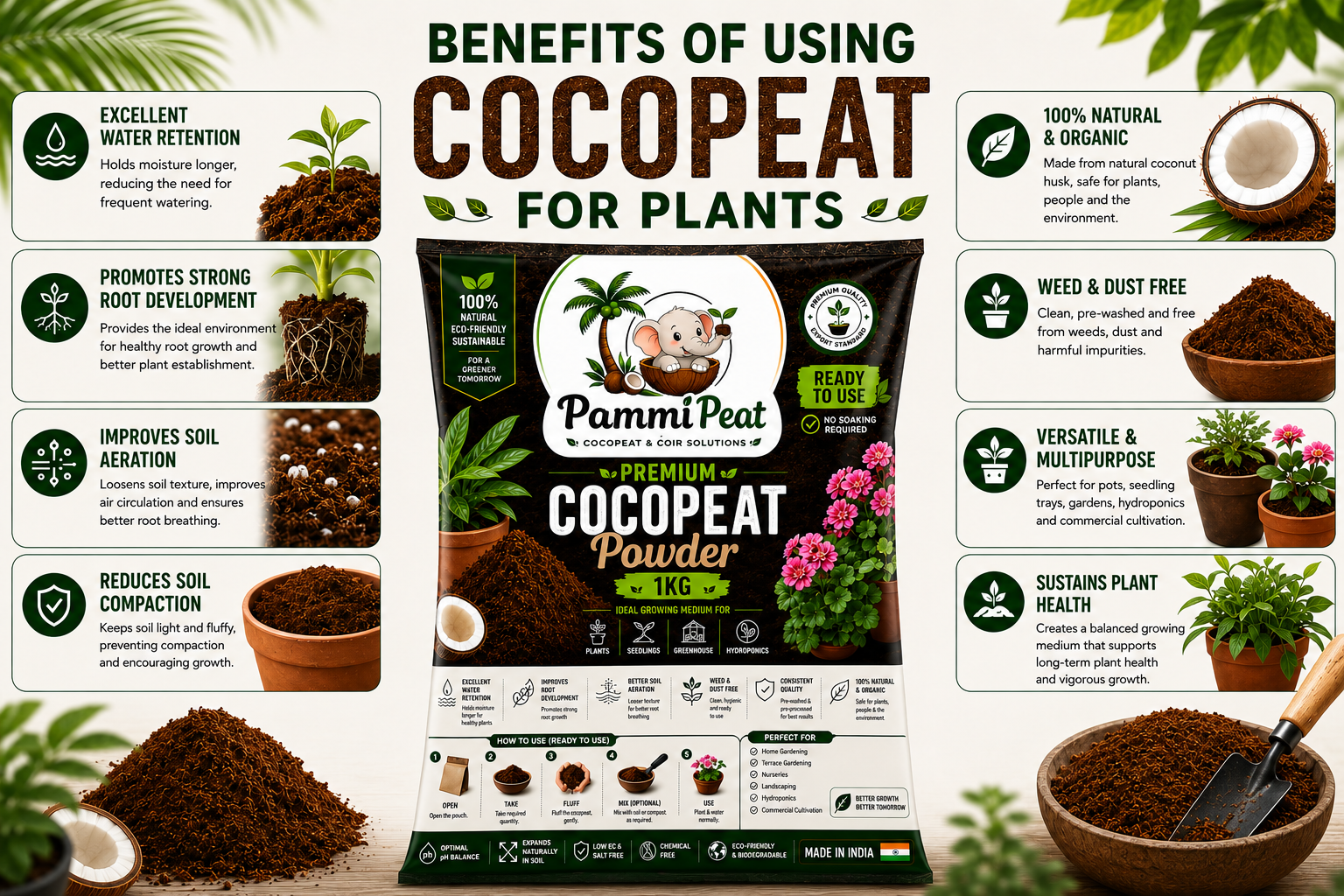 PammiPeat Cocopeat Powder 1KG – Ready to Use Organic Coconut Coir for Plants & Gardening