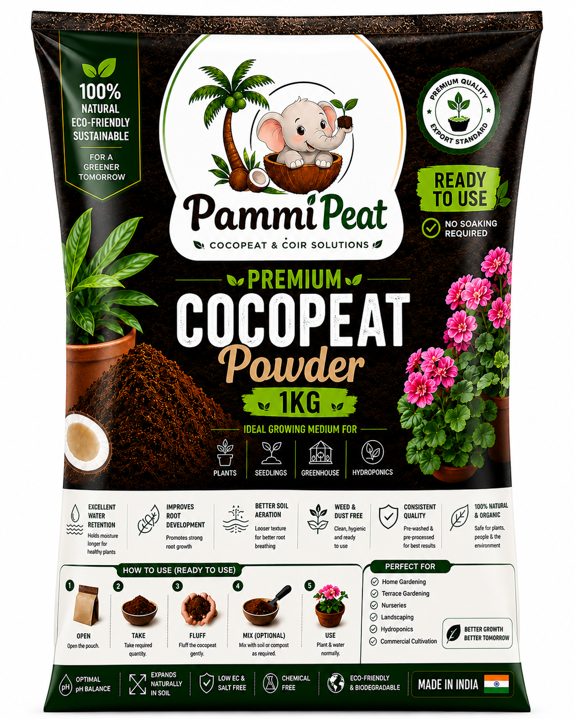 PammiPeat Cocopeat Powder 1KG – Ready to Use Organic Coconut Coir for Plants & Gardening