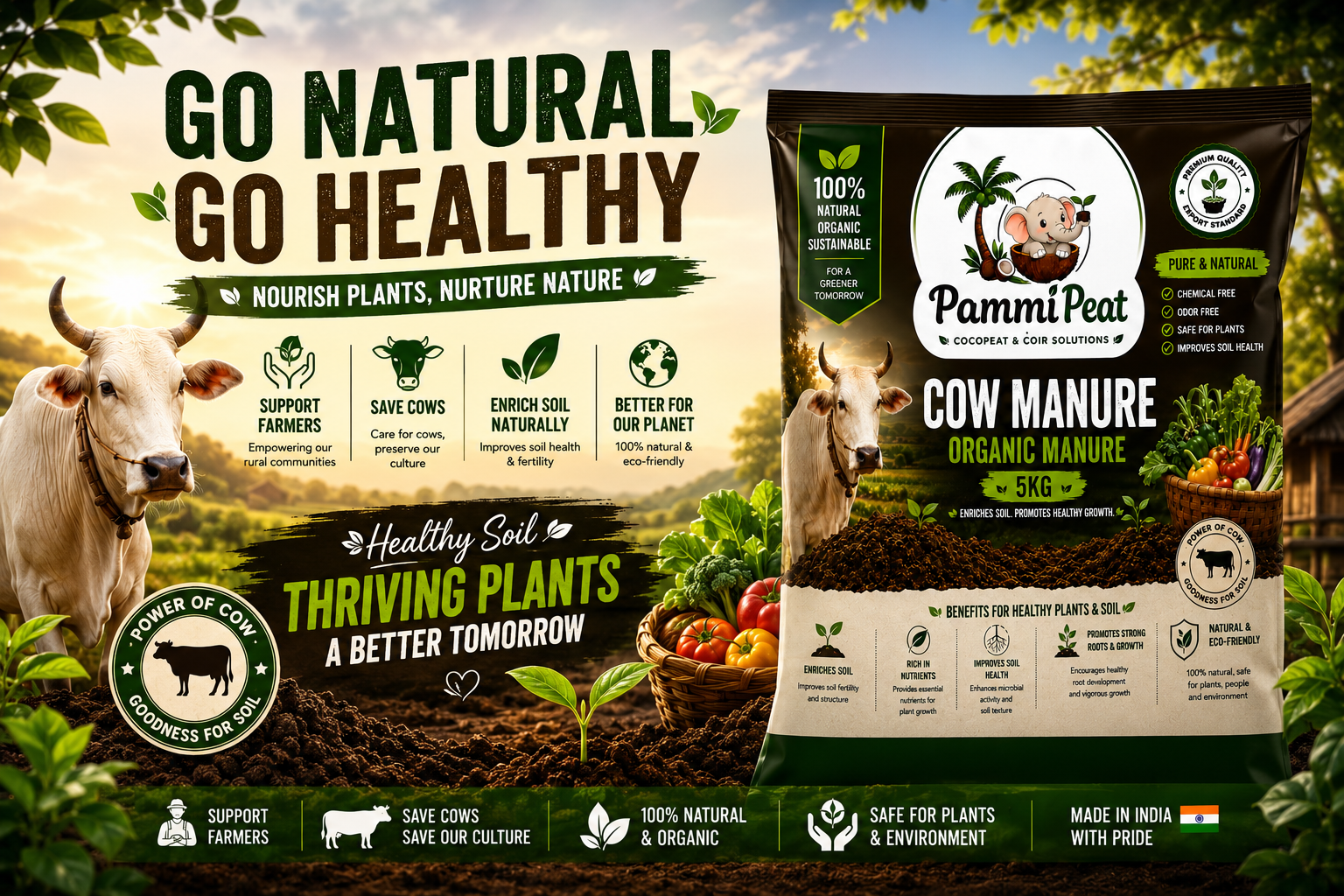 PammiPeat Cow Manure 5KG – Organic Natural Fertilizer for Plants & Gardening