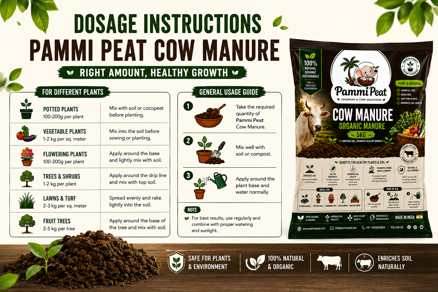 PammiPeat Cow Manure 5KG – Organic Natural Fertilizer for Plants & Gardening