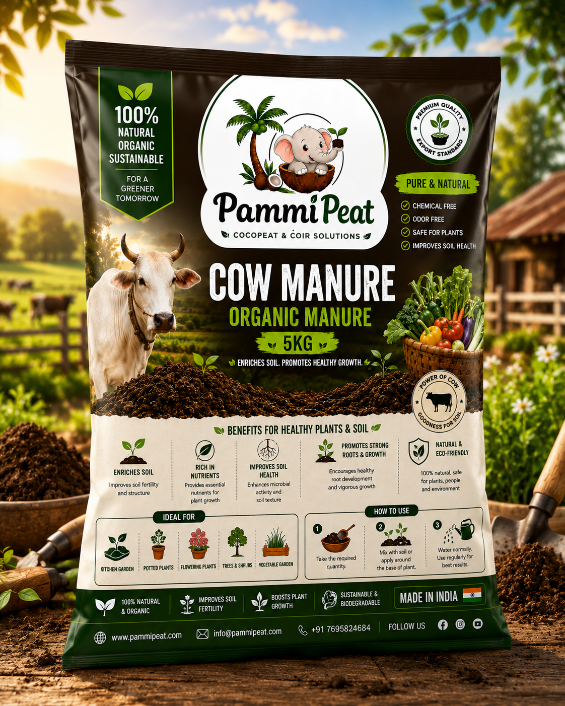 PammiPeat Cow Manure 5KG – Organic Natural Fertilizer for Plants & Gardening