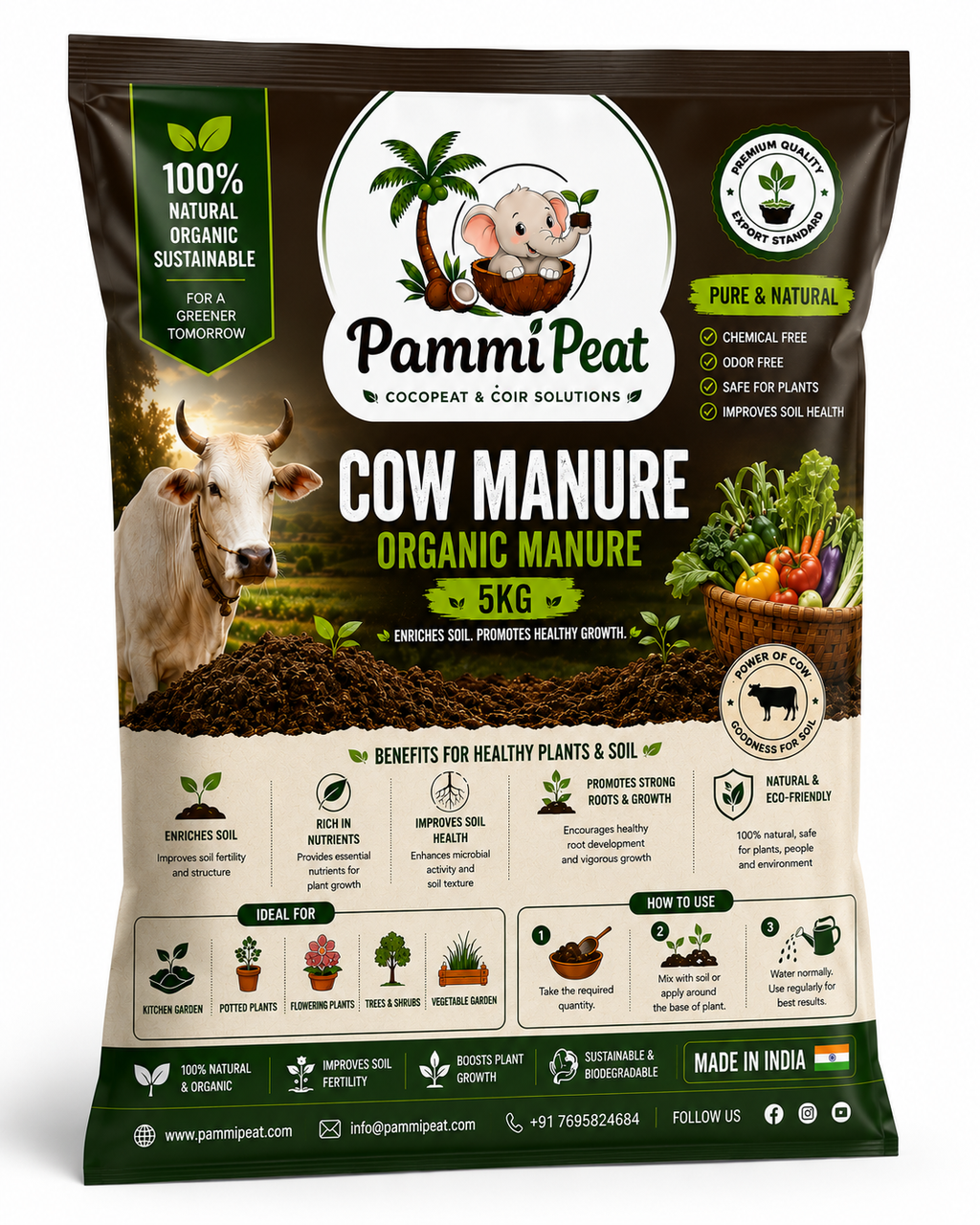 PammiPeat Cow Manure 5KG – Organic Natural Fertilizer for Plants & Gardening