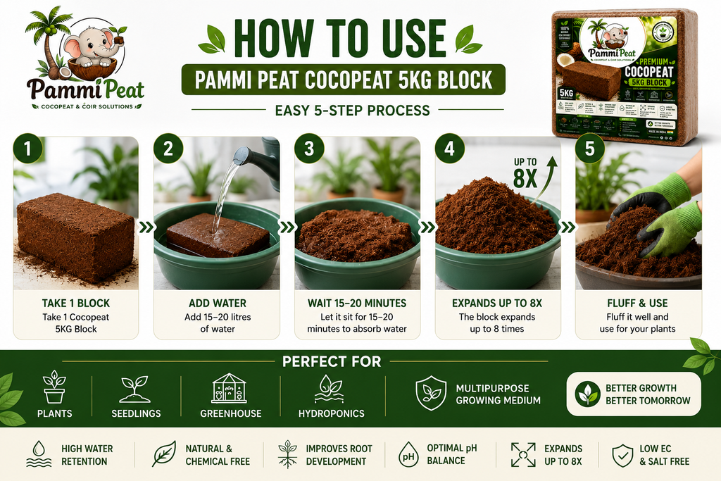 PammiPeat Cocopeat Block 5KG – Organic Coconut Coir for Plants & Gardening