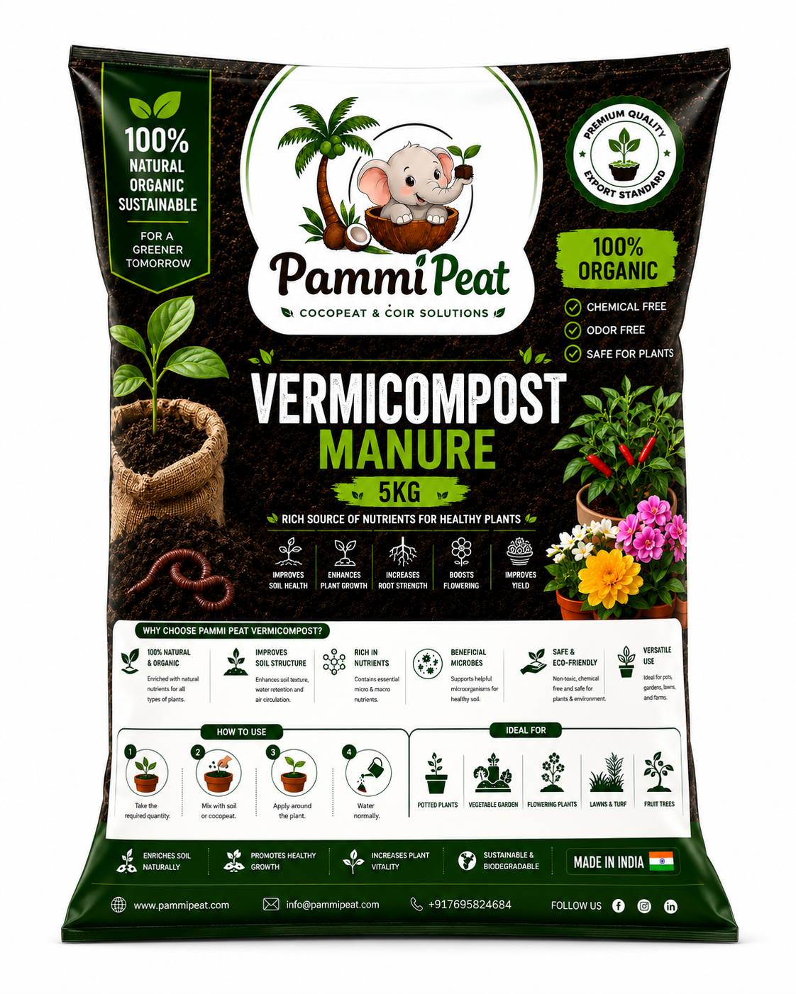 PammiPeat Vermicompost Manure 5KG – Organic Fertilizer for Healthy Plant Growth