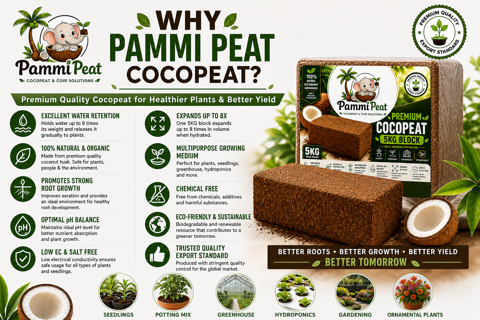 PammiPeat Cocopeat Block 5KG – Organic Coconut Coir for Plants & Gardening